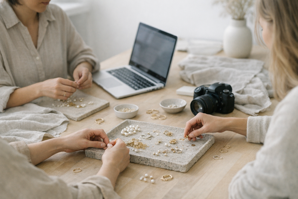 Til ‘Om os’/team: et ægte redaktionelt workspace-miljø hvor der arbejdes med smykkeindhold, styling og inspiration.
