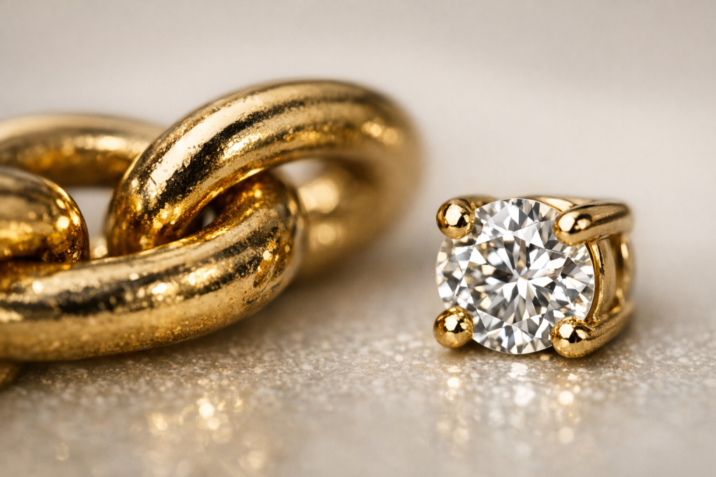 Nærbillede til feature-detalje: luksuriøs detalje af materiale/finish (fx kædeled, stenfatning) til at understøtte kvalitet og viden.