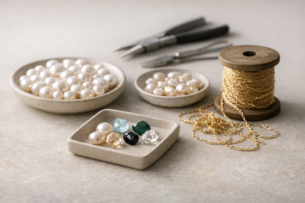 Service-sektion #1 (guides og materialer): et billede der viser materialer og håndværk uden at blive ‘værksteds-kliché’.