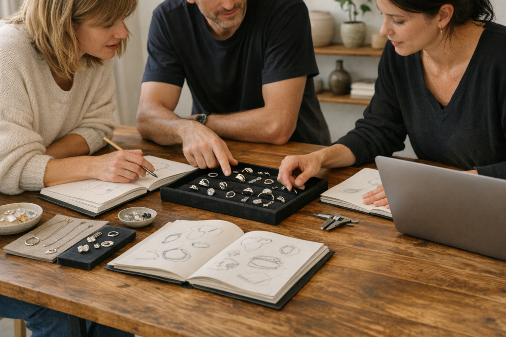 [light] Billede til ‘Om os’: et lille kreativt team i et lyst studie/arbejdsrum, der gennemgår materialer, skitser og smykker i en afslappet, professionel stemning.