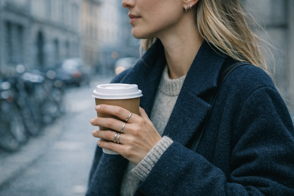 [light] Generelt atmosfære-/lifestylebillede: en rolig, urban nordisk scene hvor smykker er en naturlig del af hverdagen og personlig stil.