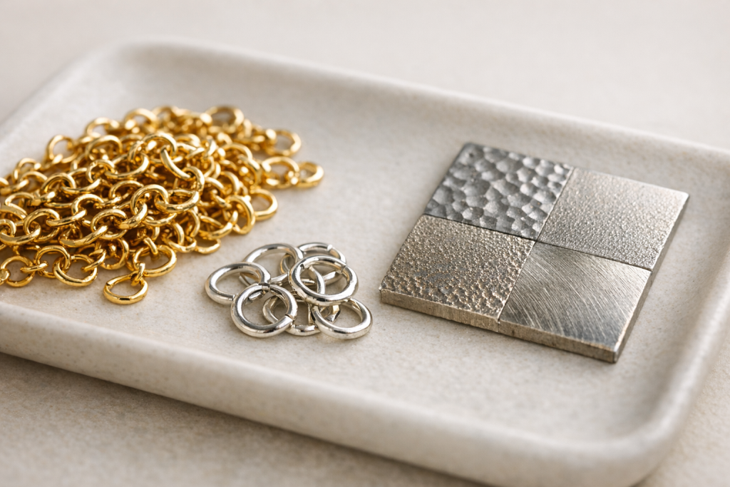 [light] Servicebillede til guides om materialer: nærmiljø med forskellige metaller og overflader, der understøtter artikler om guld, sølv og belægninger.