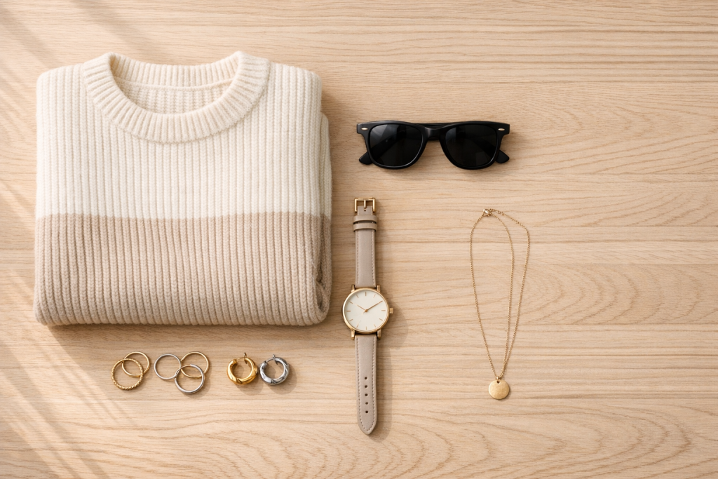 [light] Servicebillede til stylingtips: et moderne outfit-setup med smykker klar til at blive taget på, så man forstår ‘sådan styler du’ visuelt.