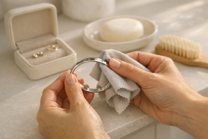 [light] Servicebillede til vedligeholdelse/pleje: et realistisk hjemme-setup med renseserviet, blød klud og smykkeæske, der passer til guides om at passe på smykker.